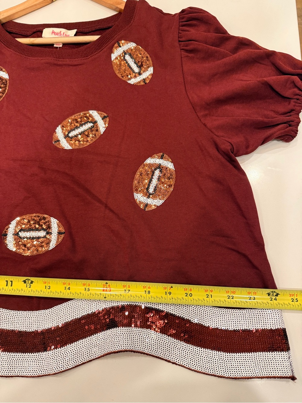 Peach Love California Maroon Puff-Sleeve Sequin Football Tee - Picture 7 of 11